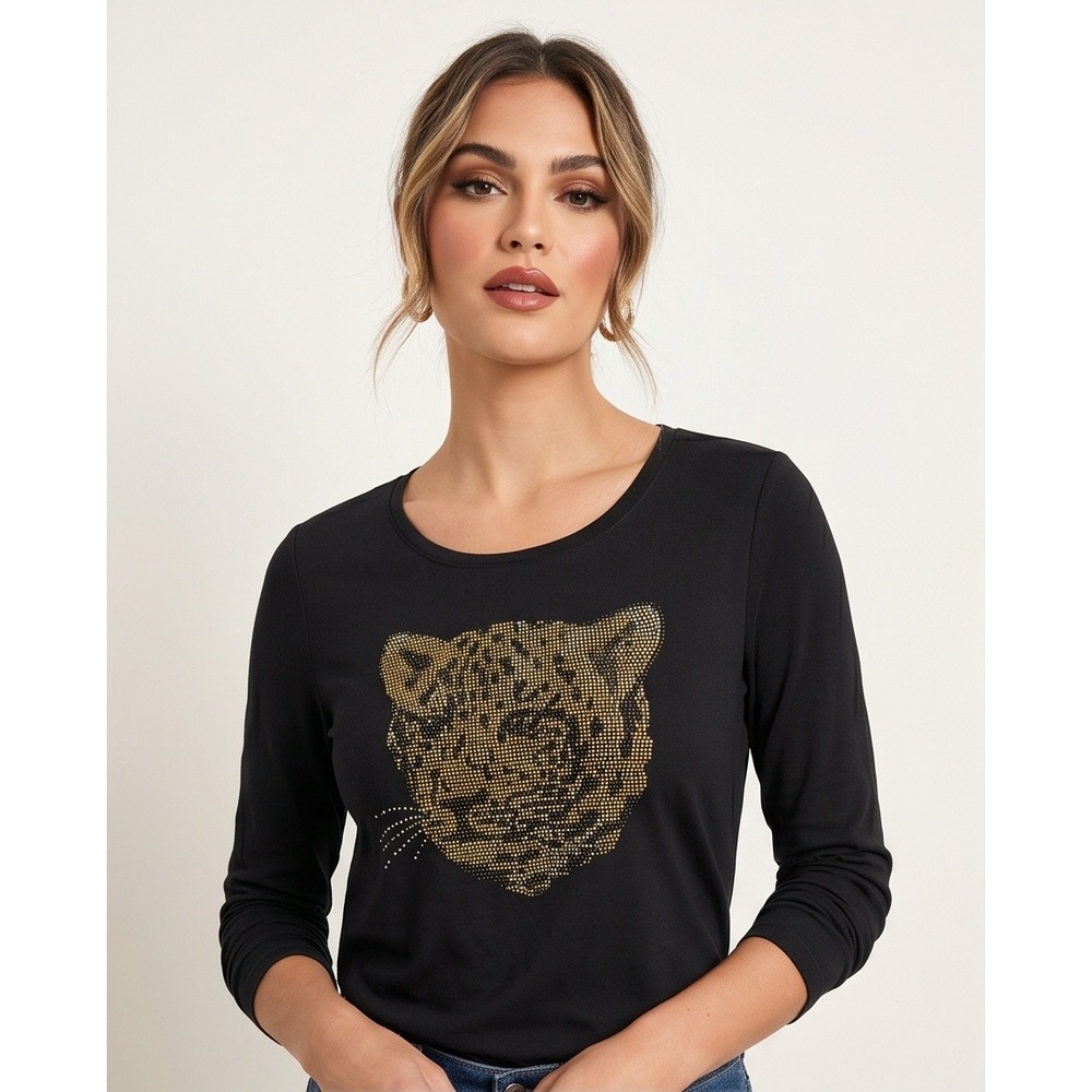 Zenergy by Chico's 2 Black Long Sleeve Top Rhinestone Leopard Print‎ Size Large